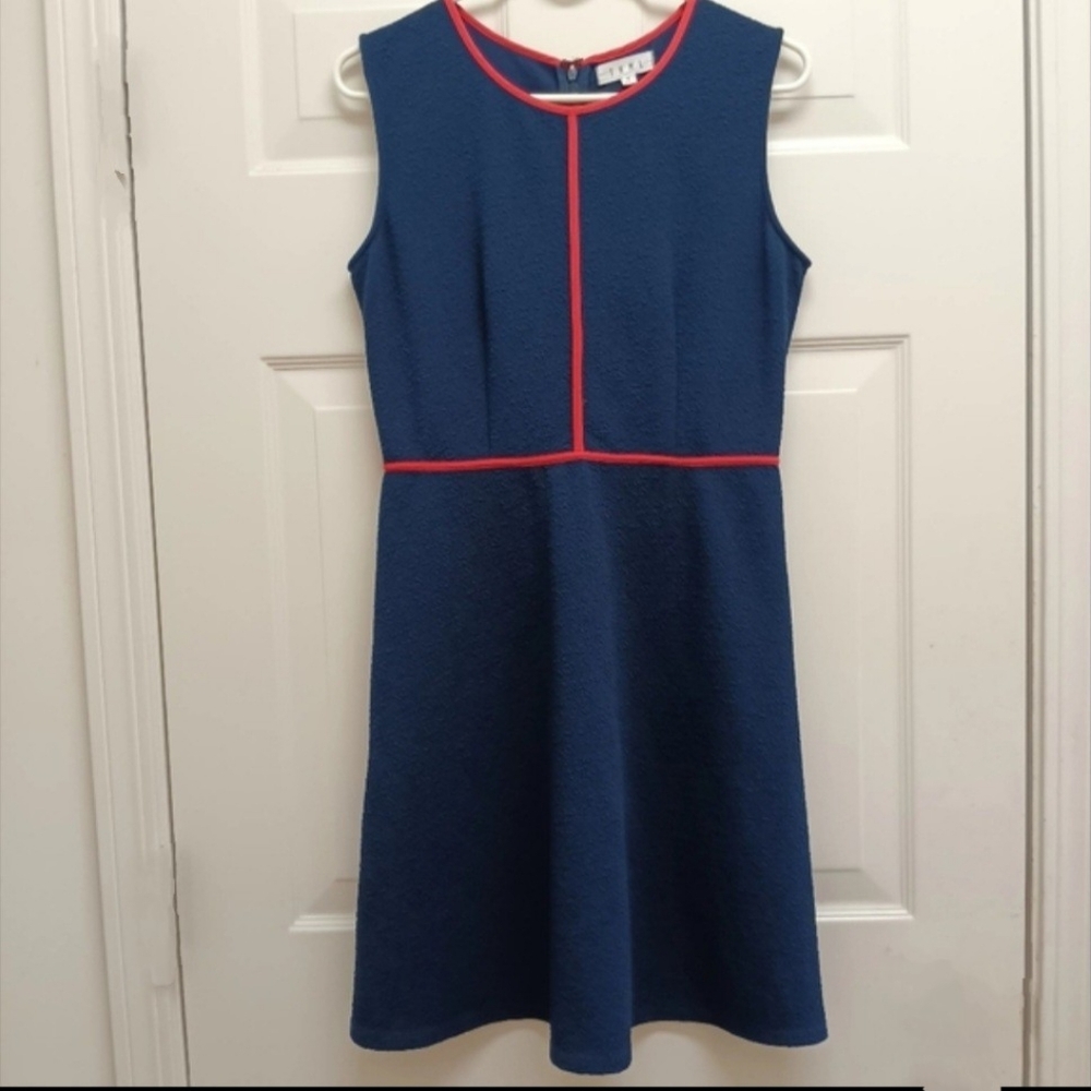 THML Fit & Flare Dress Navy Blue Medium Textured Classic Preppy Office Career